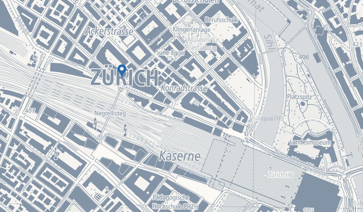 Kartenausschnitt: Neugasse 6 im Zürcher Kreis 5, nordwestlich des Hauptbahnhofs